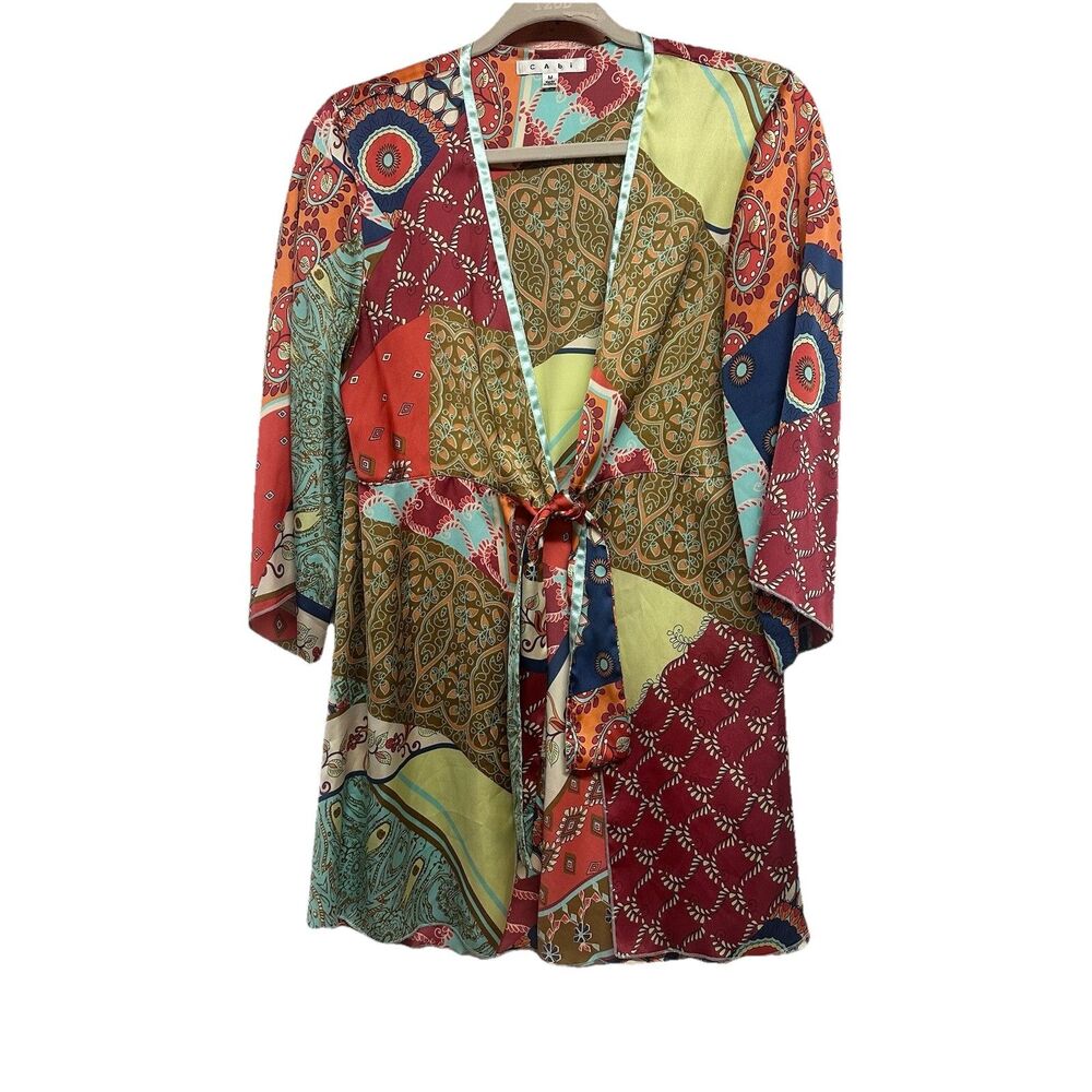 CAbi Patchwork Print Kimono Jacket Tie Front Bell Sleeve M Boho Festival Breezy